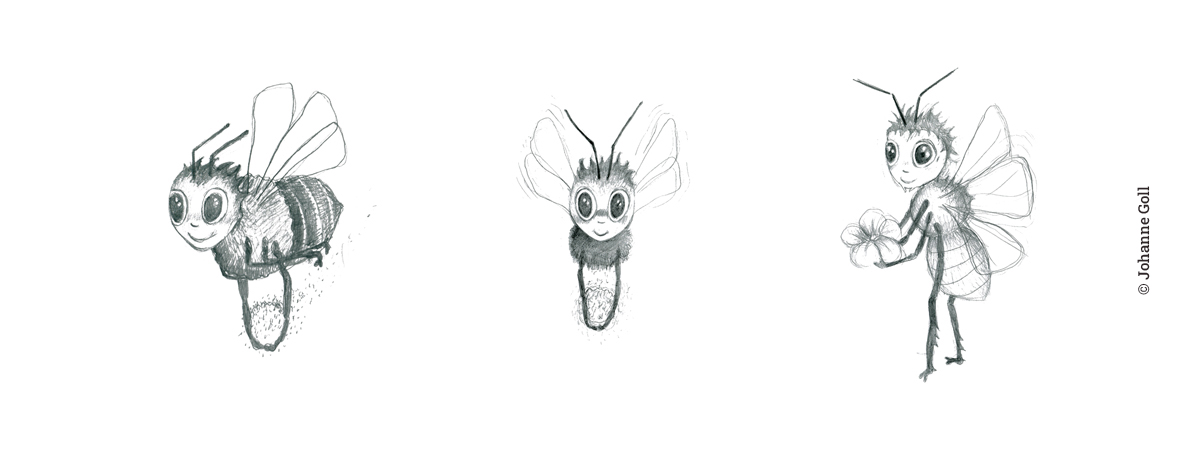 Illustration personnage Bizzz, 3 abeilles, par Johanne Goll, graphiste freelance