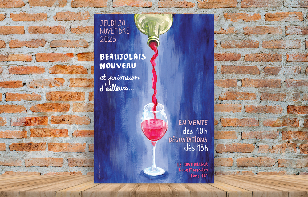 Conception graphique, affiche peinte pour le Beaujolais Nouveau 2025 par Johanne Goll, graphiste freelance