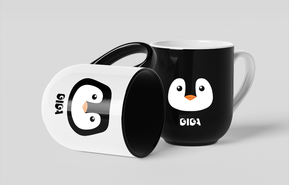 Illustration manchot Antartica sur mug, par Johanne Goll, graphiste freelance