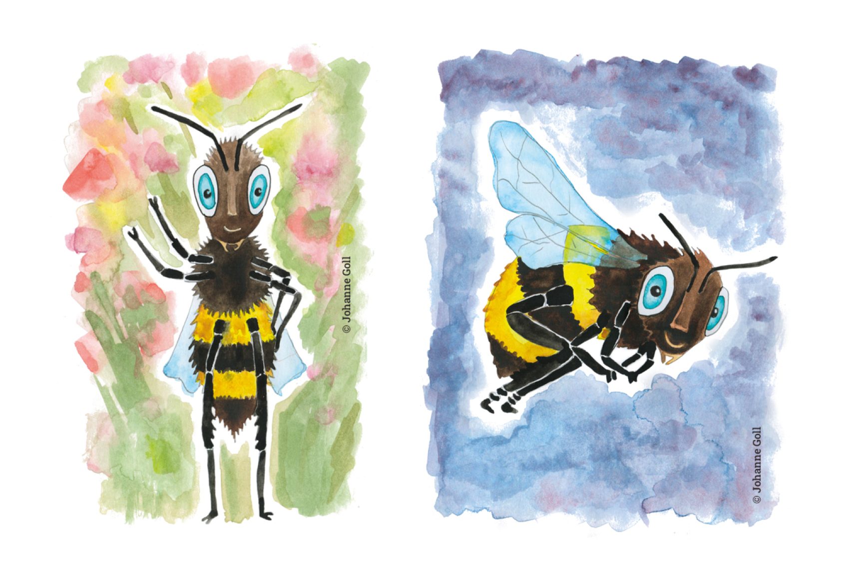 Illustration personnage, l'abeille, mise en couleurs à l'aquarelle, par Johanne Goll, graphiste freelance