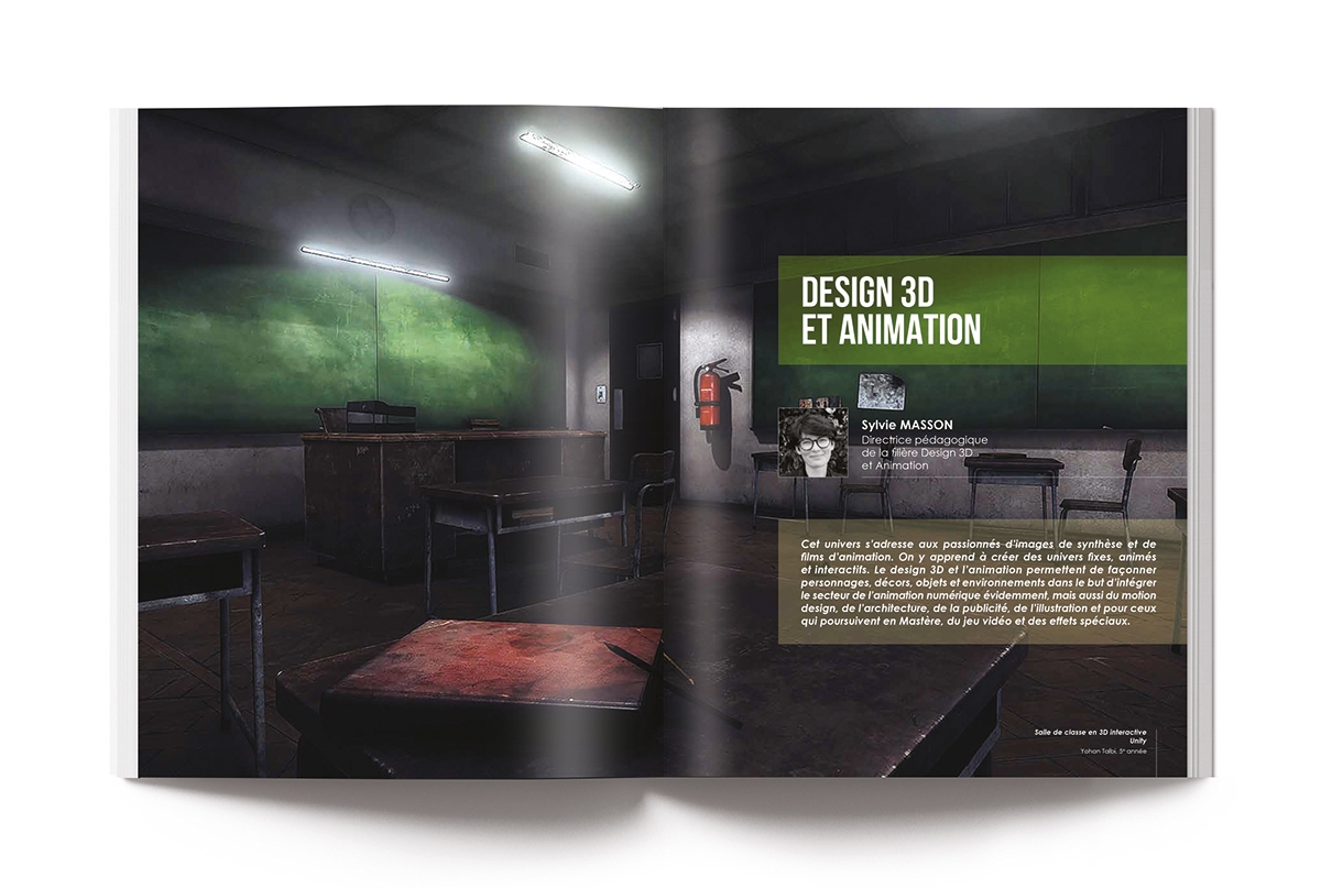 Conception graphique de la brochure ICAN par Johanne Goll, double-page Design 3D et animation