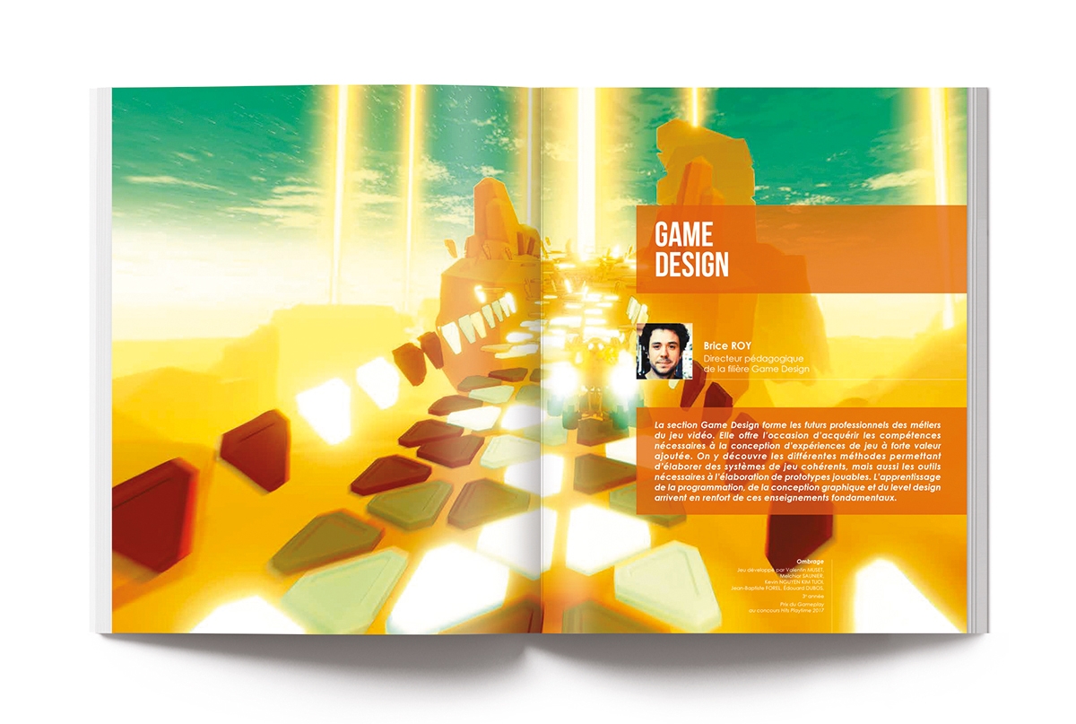 Conception graphique de la brochure ICAN par Johanne Goll, double-page Game Design
