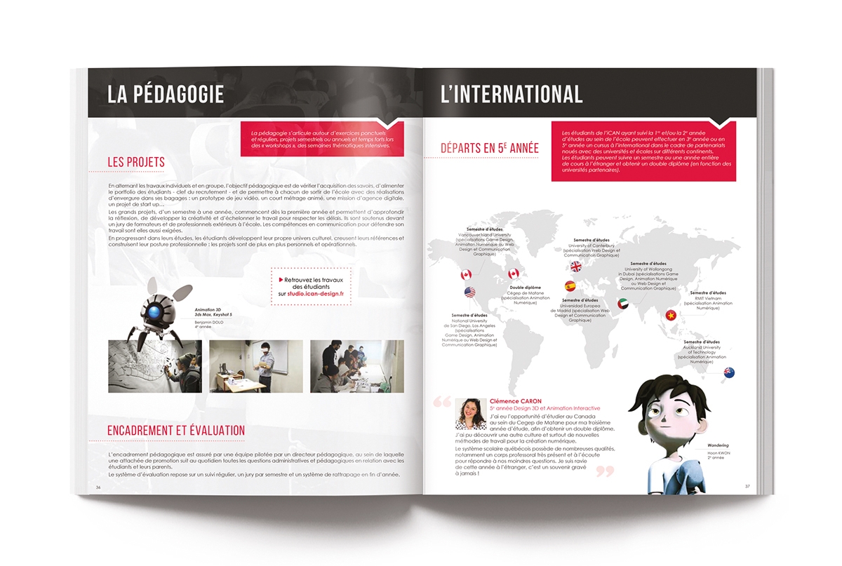 Conception graphique de la brochure ICAN par Johanne Goll, double-page Pédagogie et International