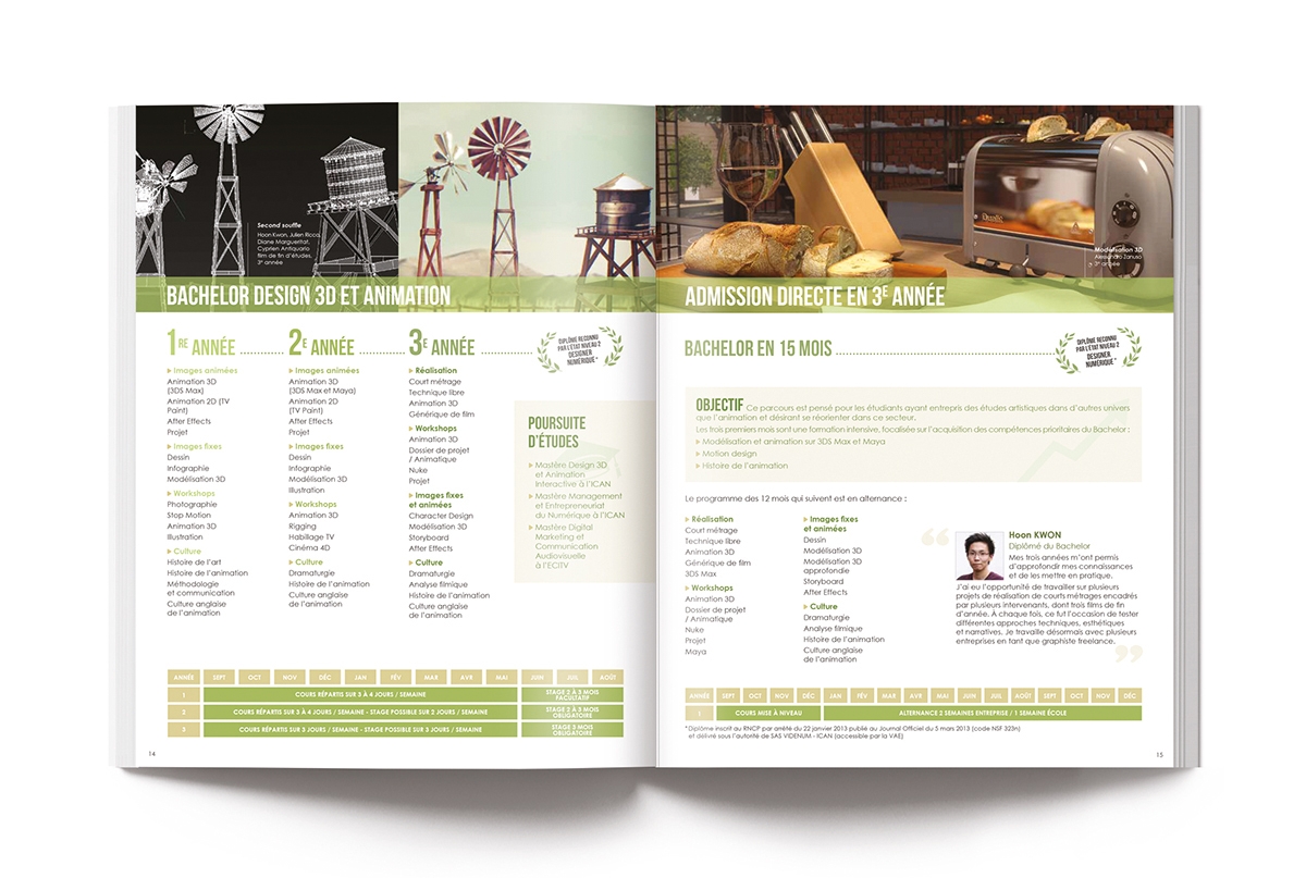 Conception graphique de la brochure ICAN par Johanne Goll, double-page programme Design 3D et animation