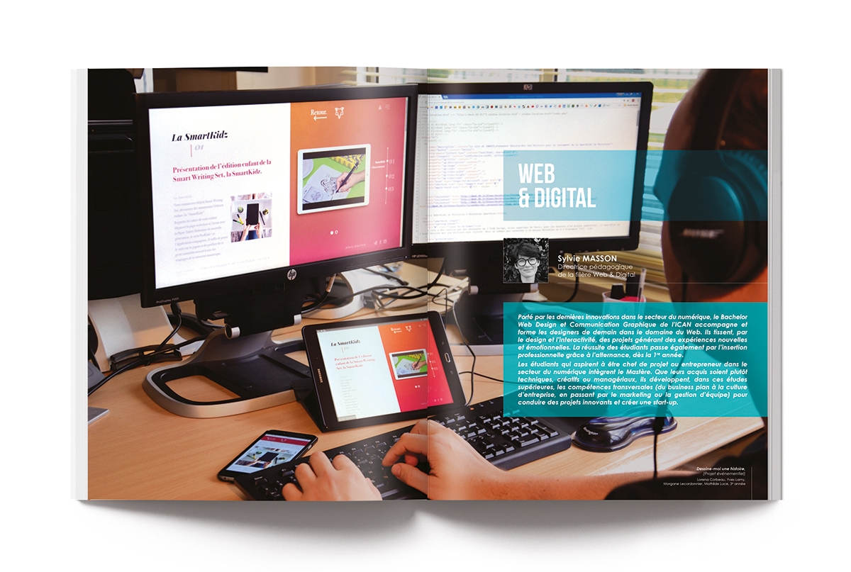 Conception graphique de la brochure ICAN par Johanne Goll, double-page Web et Digital