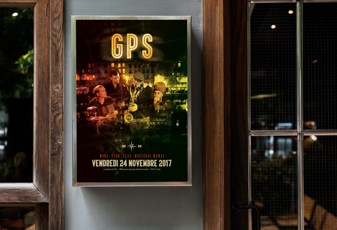 Affiche concert pour le groupe de musique GPS par Johanne Goll, graphiste freelance