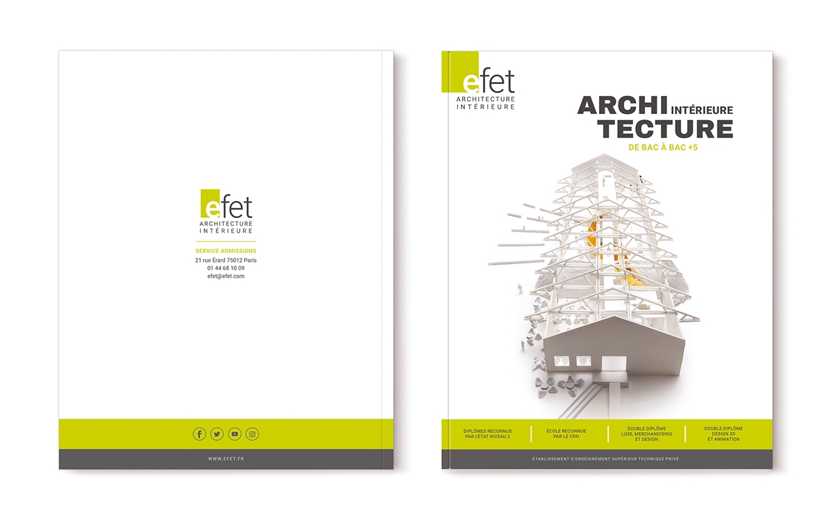 Conception graphique de la brochure EFET ARCHI par Johanne Goll, quatrième et première de couverture