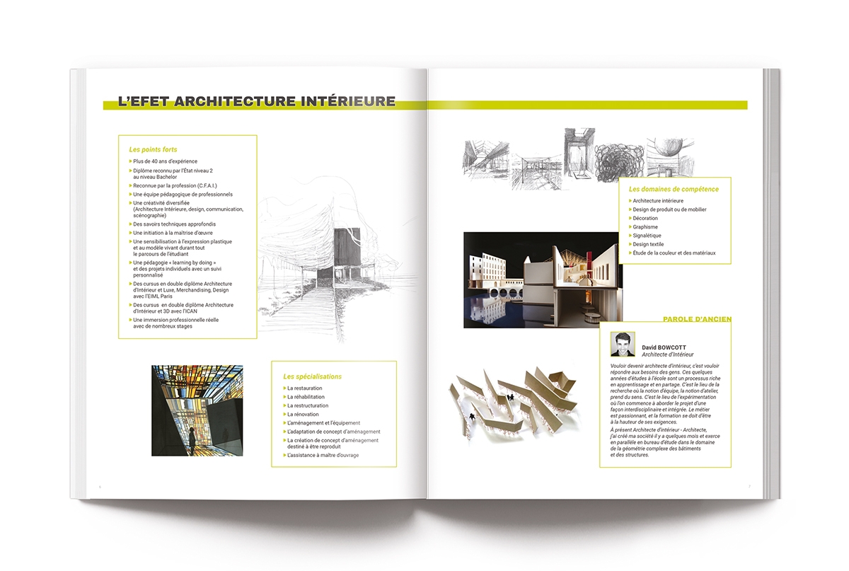 Conception graphique de la brochure EFET ARCHI par Johanne Goll, double-page Présentation école