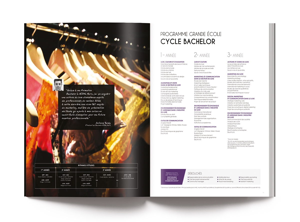 Conception graphique de la brochure EIML Paris par Johanne Goll, double-page Cycle Bachelor