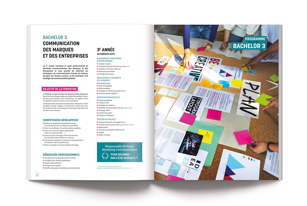 Conception graphique de la brochure ESUPCOM par Johanne Goll, double-page programme Bachelor 3