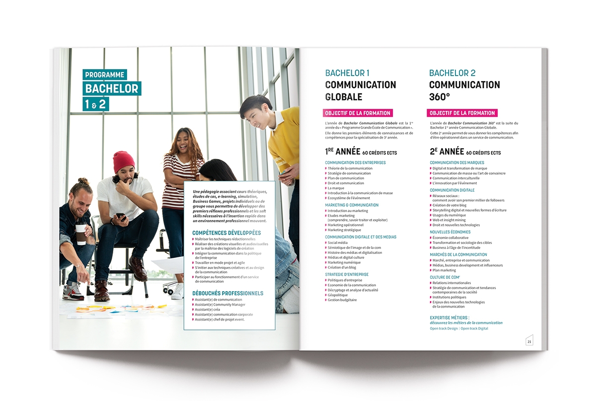 Conception graphique de la brochure ESUPCOM par Johanne Goll, double-page programme Bachelor 1 & 2