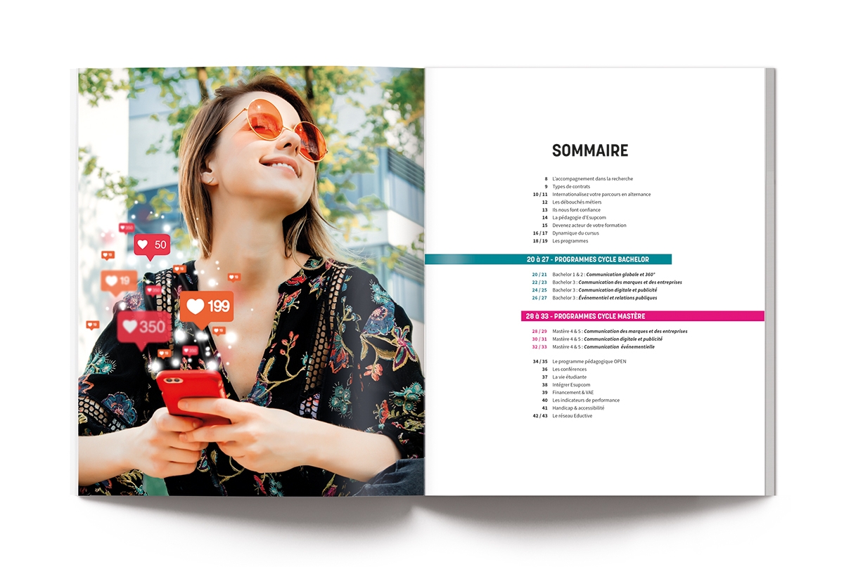 Conception graphique de la brochure ESUPCOM par Johanne Goll, double-page Sommaire