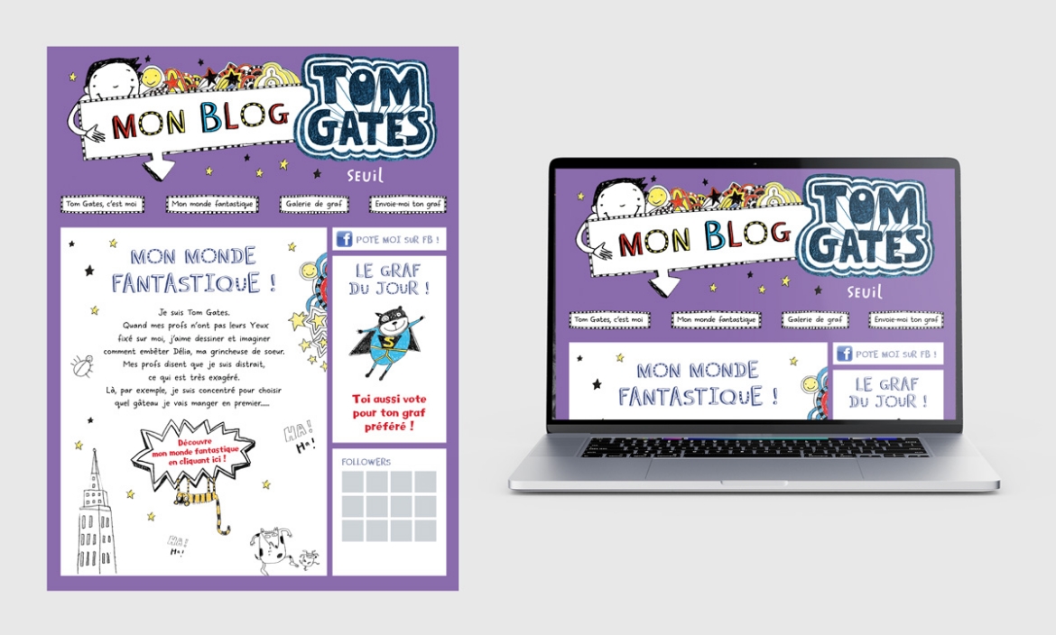 Mini-site Tom Gates, éditions Seuil Jeunesse, par Johanne Goll graphiste print et web