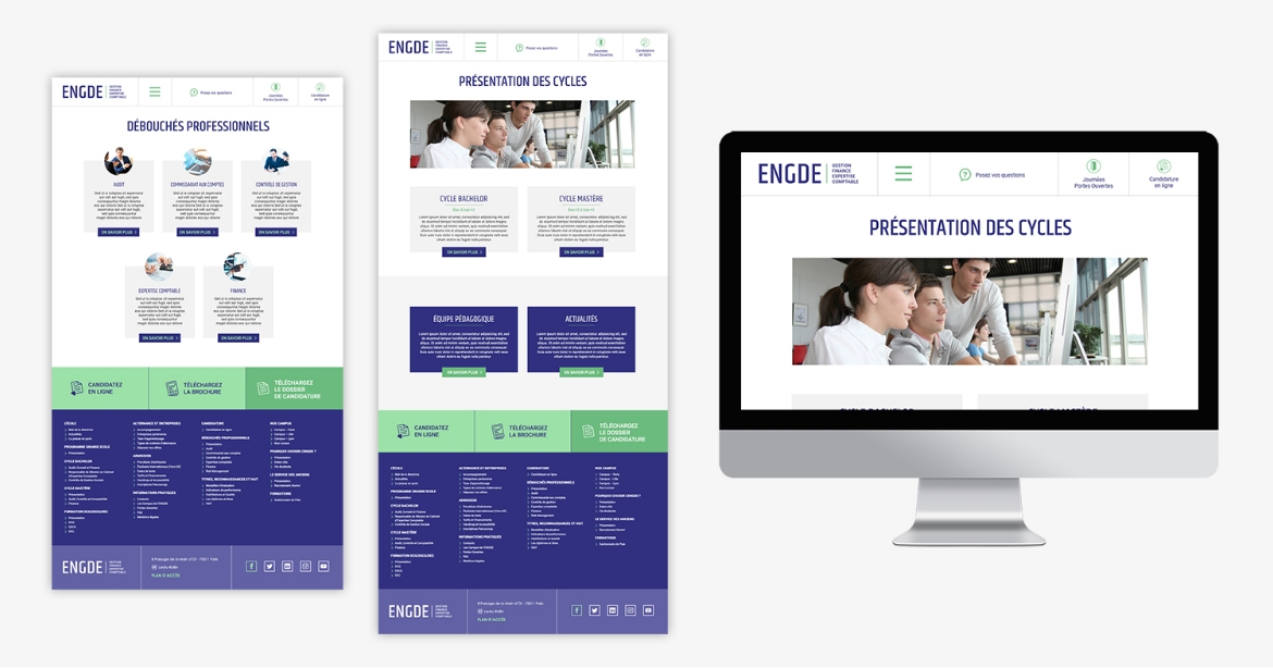 Web design du site de l’ENGDE par Johanne Goll graphiste, pages Débouchés et Cycles