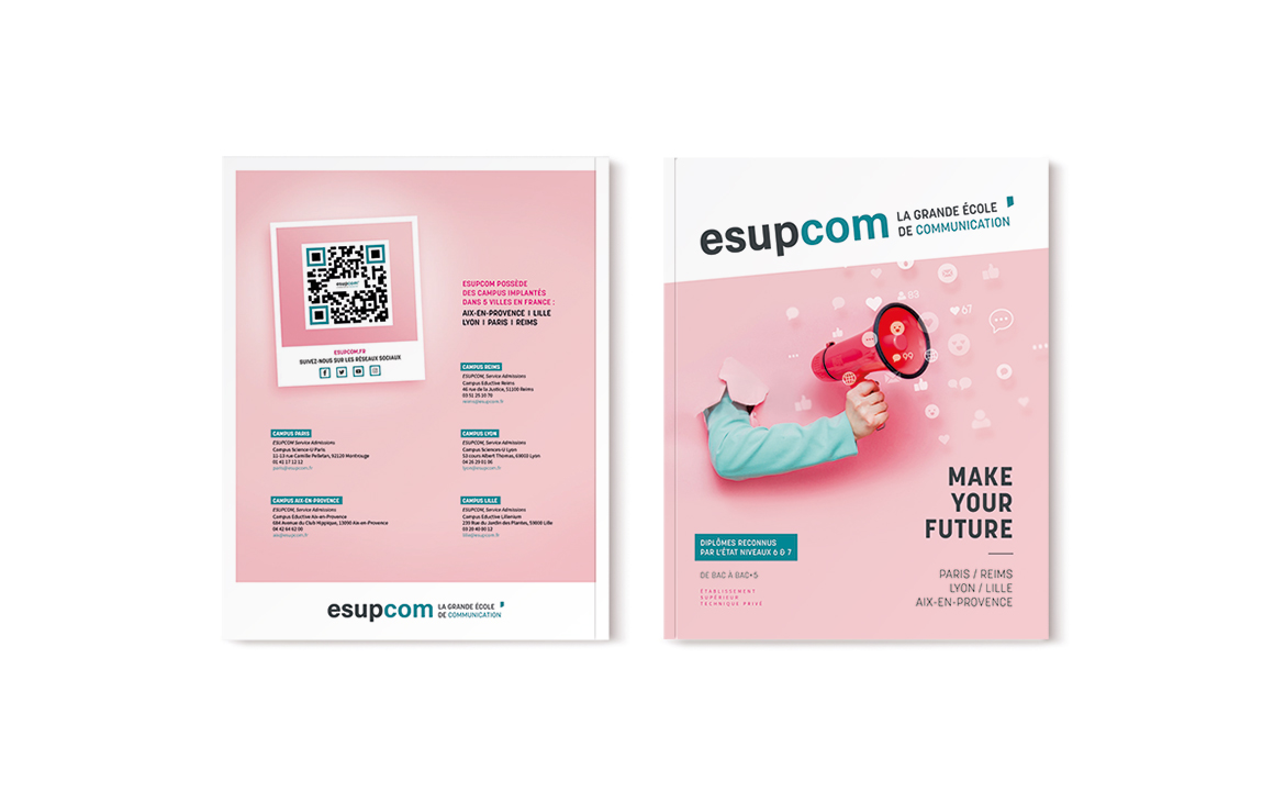 Conception graphique de la brochure ESUPCOM par Johanne Goll, quatrième et première de couverture