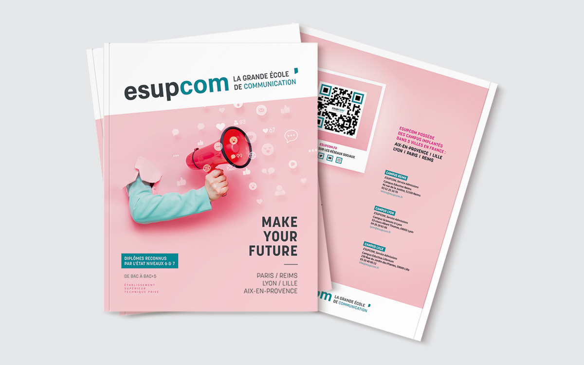 Conception graphique de la brochure ESUPCOM par Johanne Goll, première et quatrième de couverture