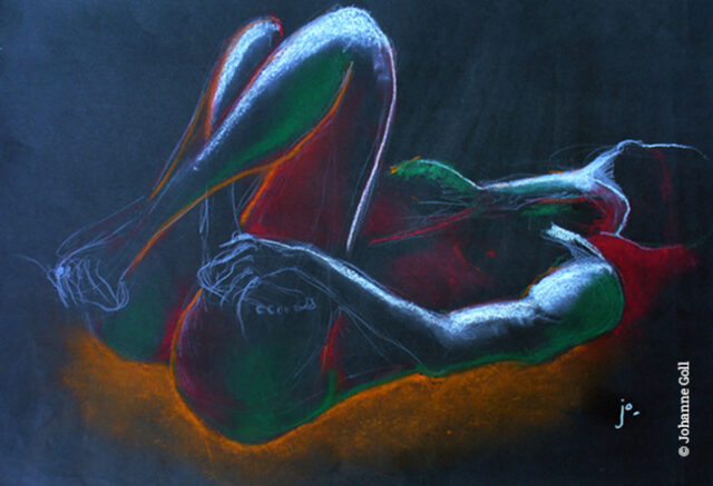 Aura 4, pastel et peinture acrylique sur papier noir par Johanne Goll artiste plasticienne
