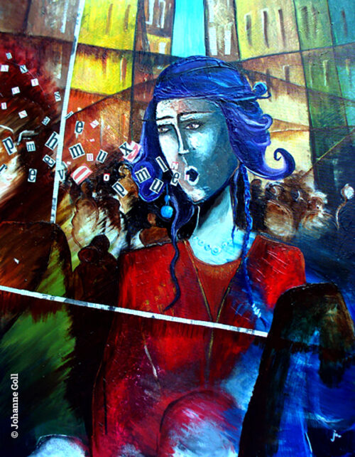 Emportée par la masse, peinture acrylique et collage sur toile par Johanne Goll artiste plasticienne