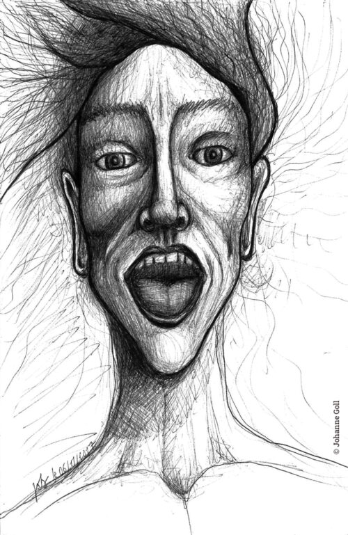 Libération, dessin au stylo bille noir par Johanne Goll artiste plasticienne