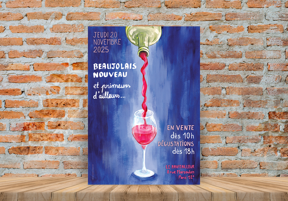 Conception graphique, affiche peinte pour le Beaujolais Nouveau 2025 par Johanne Goll, graphiste freelance