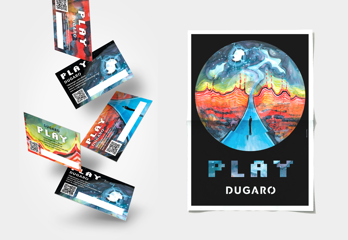 Illustration et conception graphique pour l'album "Play" par Johanne Goll, cartes de téléchargement et affiche